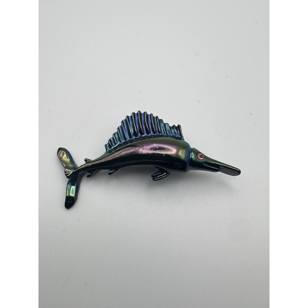 Vintage Fish Brooch Sailfish Marlin Rhinestone Eye Pin Iridescent Oil Slick